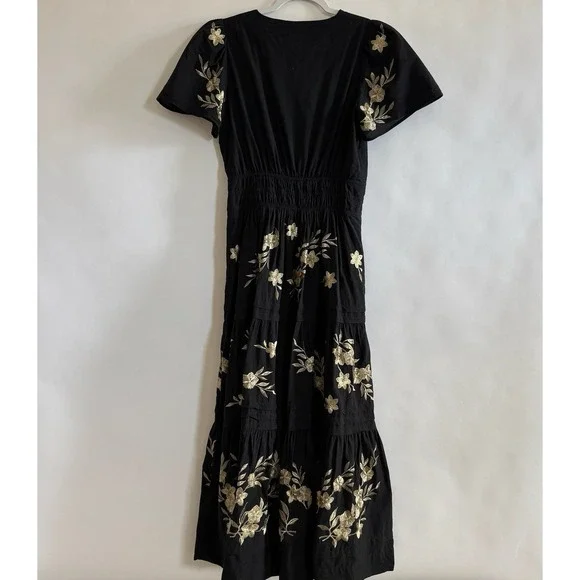 Elie Tahari Tiered Embroidered Maxi Dress Black Gold Floral 6 Smocked - Picture 4 of 11